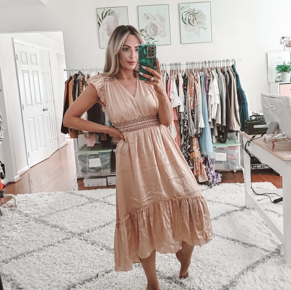 Ulla Johnson blush silk embroidered midi ruffle dress
